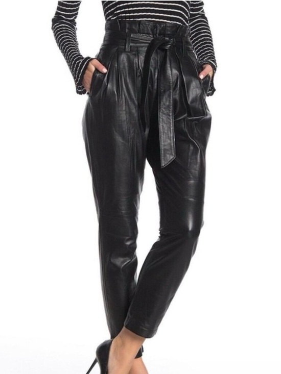 Joie Pants - Joie Black Lamb Leather Paperbag Waist Straight-Leg Pants